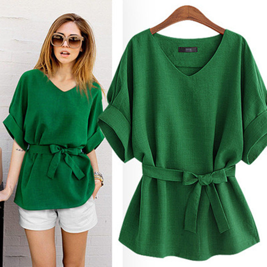 Linen Short Sleeved Shirt With V Neckline
