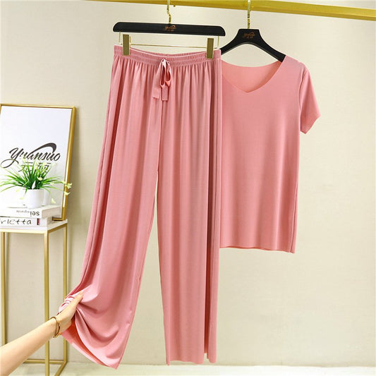 Soft comfortable Ice Silk Short Sleeve T Shirt Two Piece Set loose wide leg pants