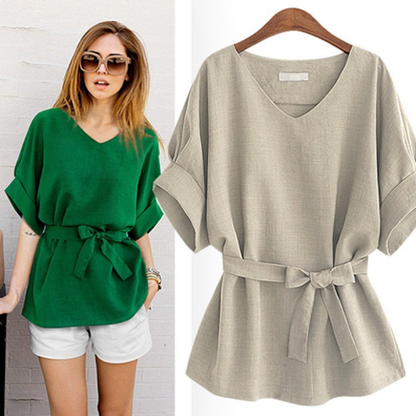 Linen Short Sleeved Shirt With V Neckline
