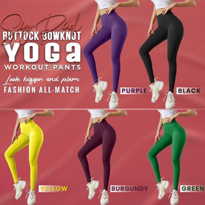 Bow Solid Color Fitness Sports Leggings Womens High Waist Slim Peach Hip Elastic Yoga Pants